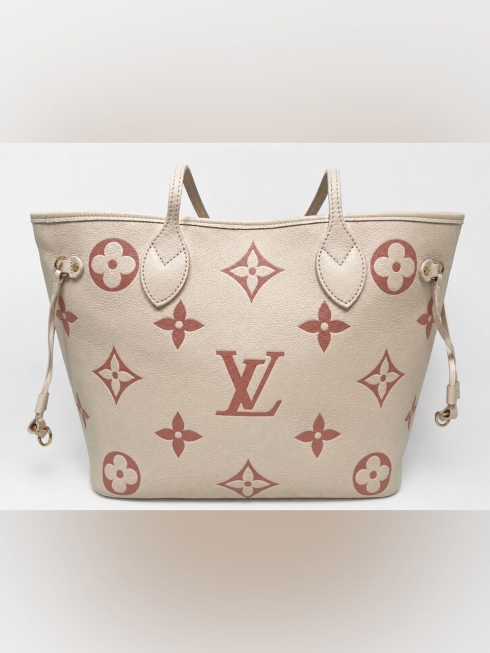 Louis Vuitton Neverfull MM Tote Bag Cream Pink Monogram Empreinte Style Tote Bag